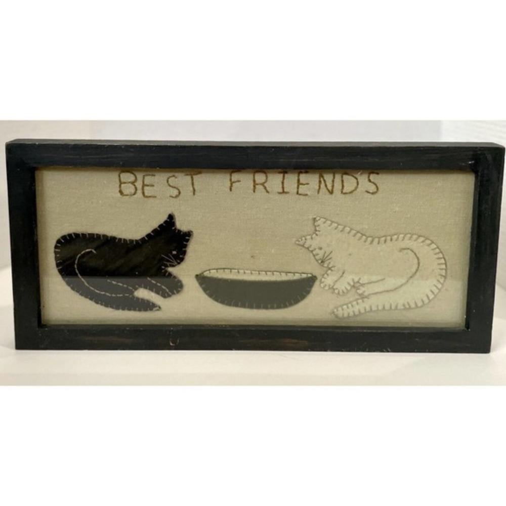 Primitive Stitched Fabric kittens "Best Friends" framed‎ cats picture art - Picture 3 of 4